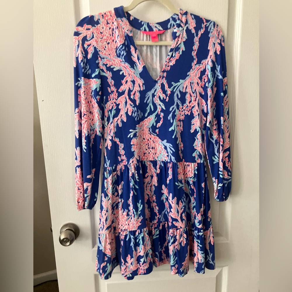 Lilly Pulitzer Blue and Pink V-Neck Long Sleeve Midi Dress